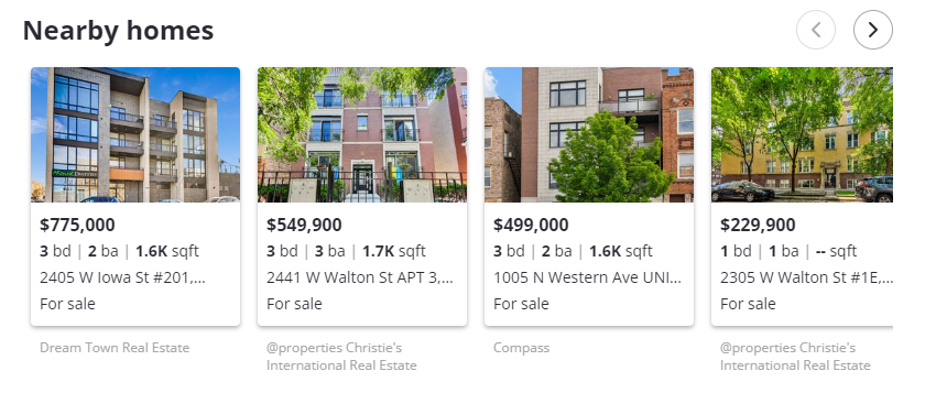 Property portal row titled Nearby homes, showing four listings with prices, bedrooms, bathrooms and square footage