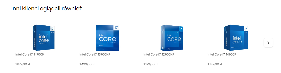 Electronics store carousel titled Other customers also viewed, showing four Intel Core i7 processors with prices in Polish zloty