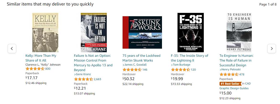 Amazon carousel titled Similar items that may deliver to you quickly, showing five engineering and aviation books with prices and ratings