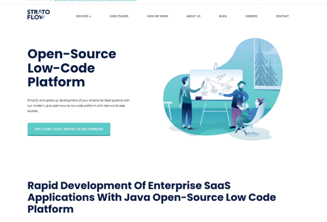 Screenshot of the Stratoflow open-source low-code platform page, headed Rapid Development Of Enterprise SaaS Applications With Java Open-Source Low Code Platform.
