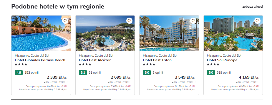 Travel site box titled Similar hotels in this region, showing four Costa del Sol hotels with ratings and prices