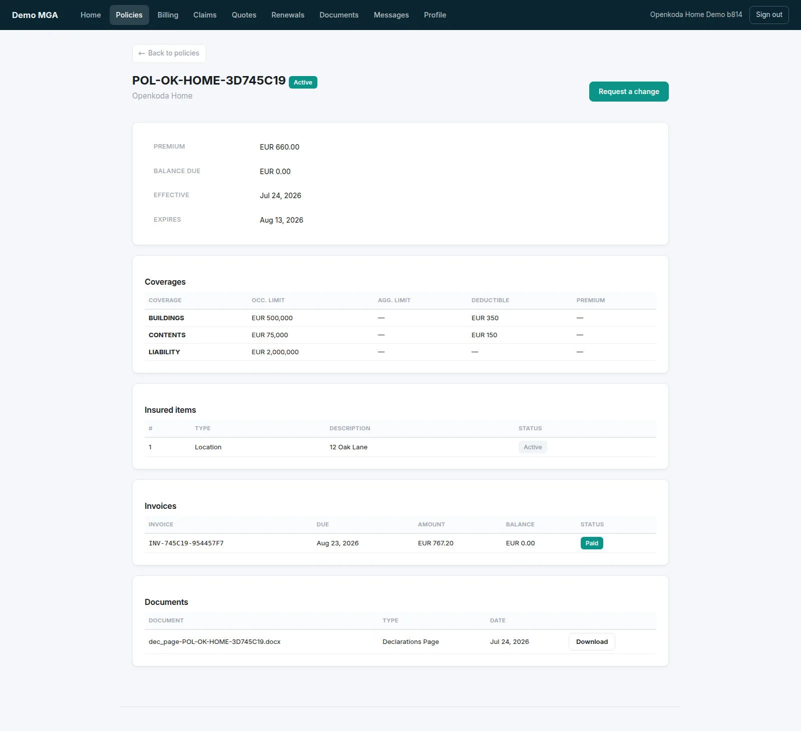 Openkoda client portal showing a home policy with its premium, coverages and limits, insured location, paid invoice and a declarations page to download