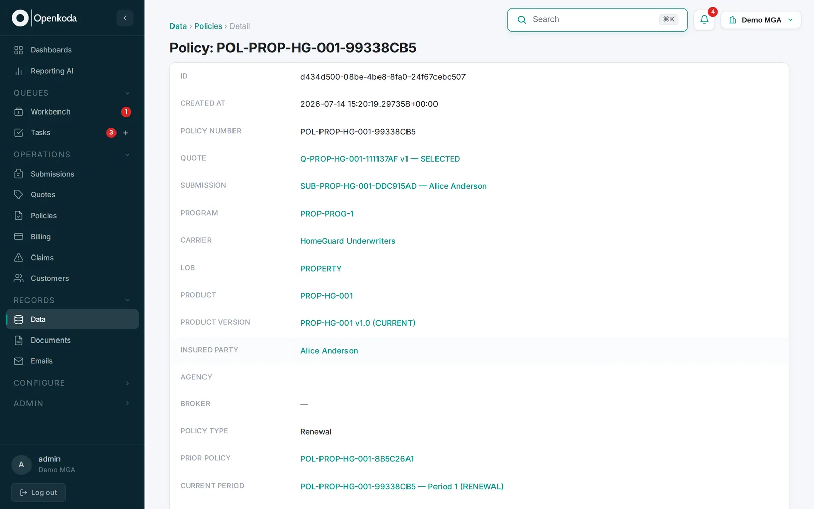 Openkoda policy record for a renewed property policy, linking the selected quote, the submission, the program, the carrier, the product version and the prior policy