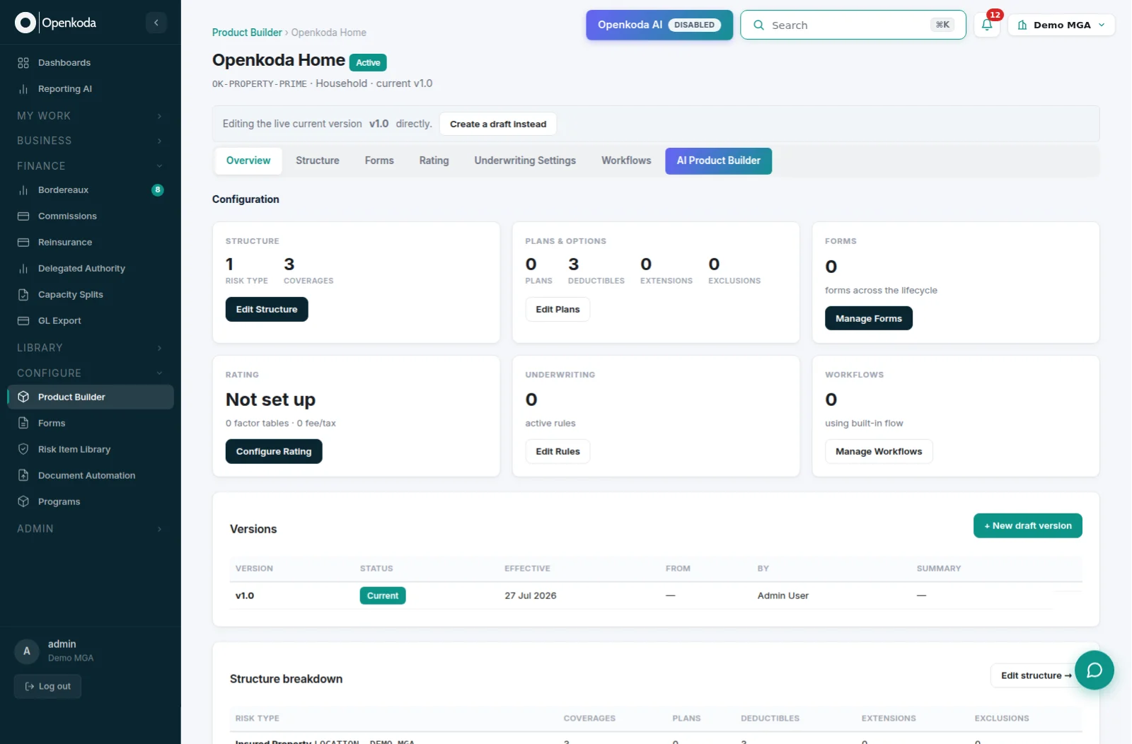 Openkoda Product Builder overview for a household product, with panels for structure, plans and options, forms, rating, underwriting and workflows, and the version list of the product below