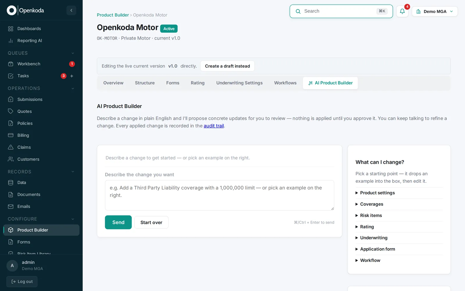 The AI Product Builder tab of a motor product in Openkoda: a box to describe a change in plain English, and a list of what can be changed, from product settings, coverages and risk items to rating, underwriting, the application form and the workflow