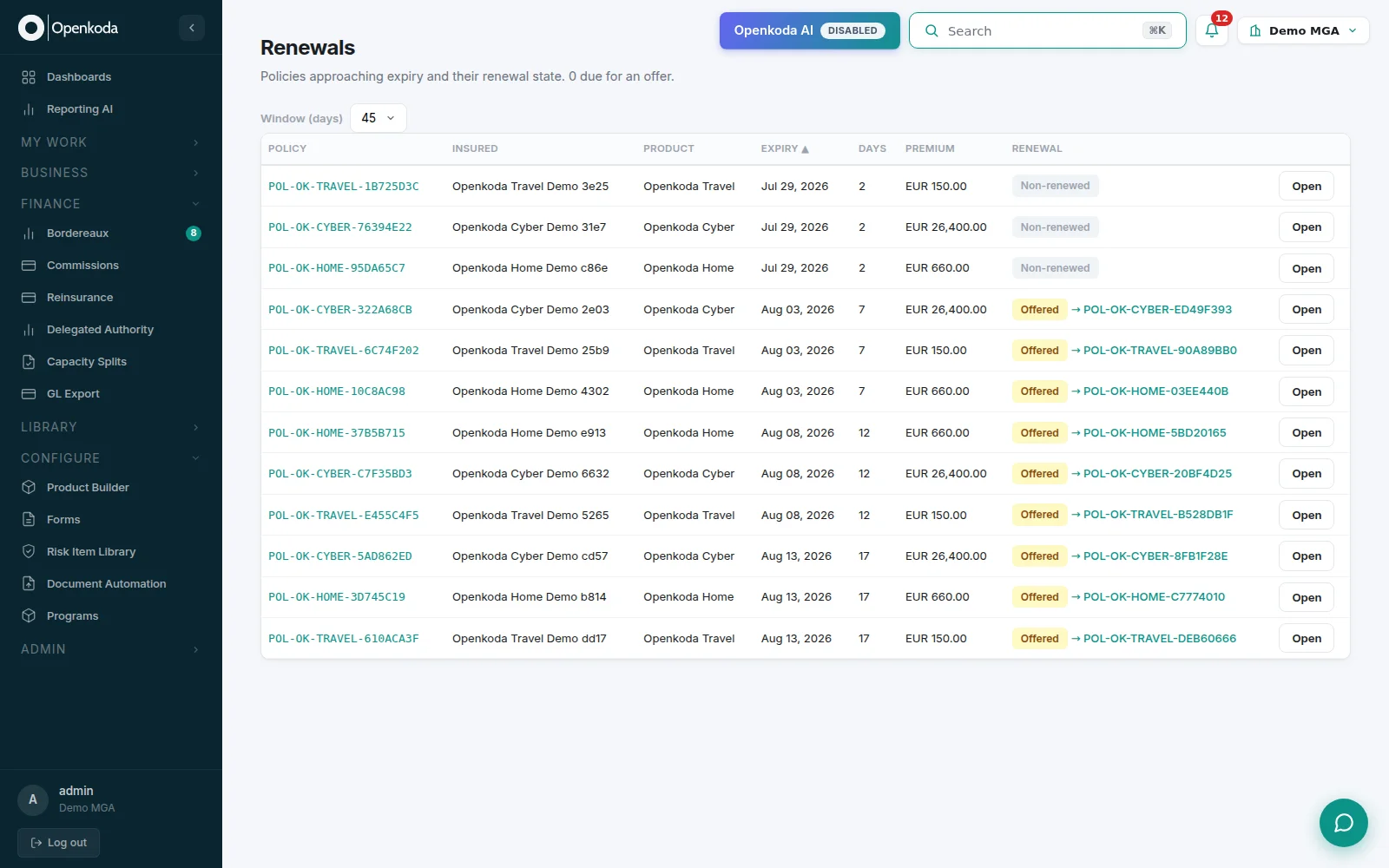 Openkoda renewals work queue: policies due for renewal with owners, dates and follow-up tasks
